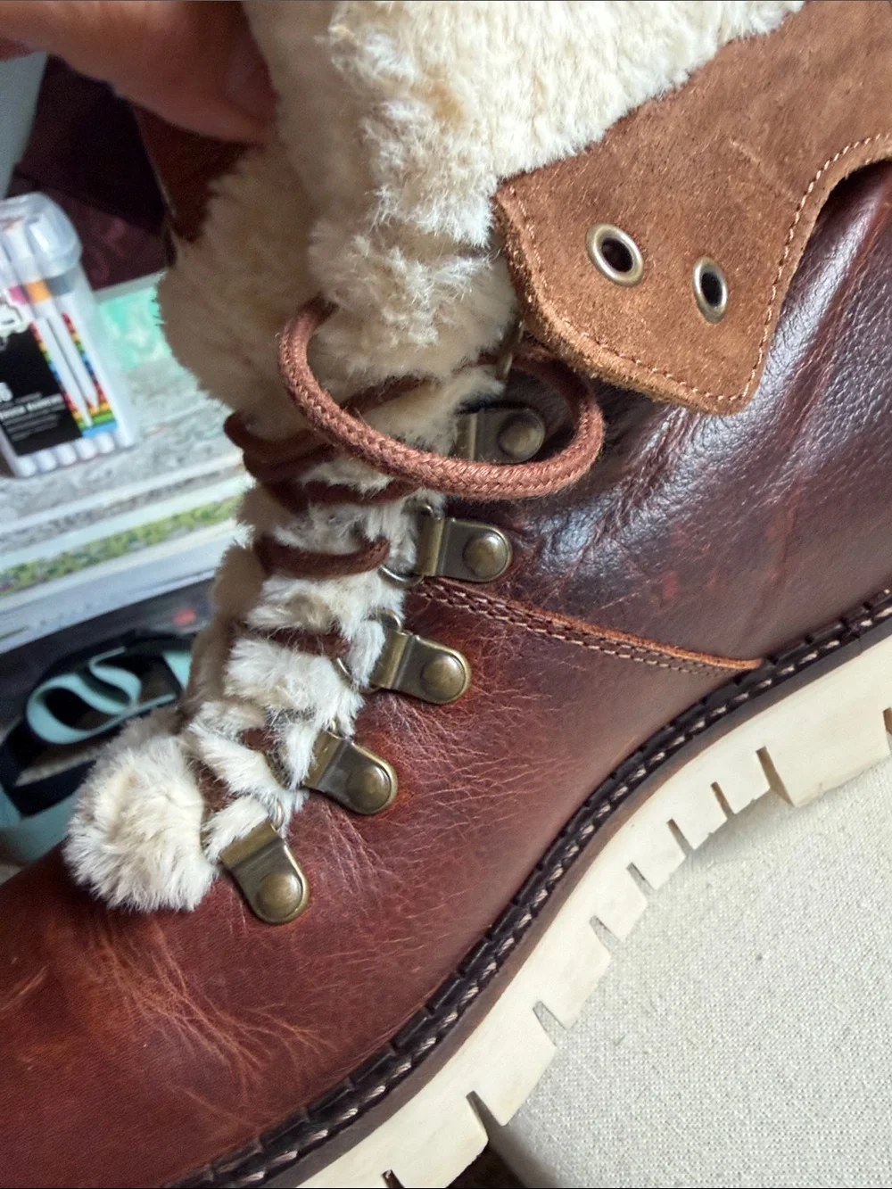 Pajar Brown Leather Fur-Trim Winter Boots with Cream Lining